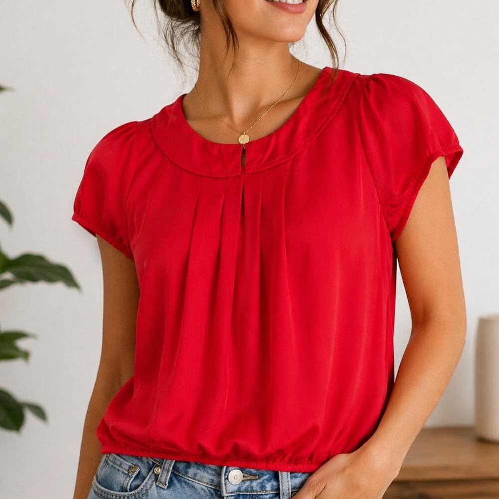Atelier Red Pleated Cap Sleeve Blouse
